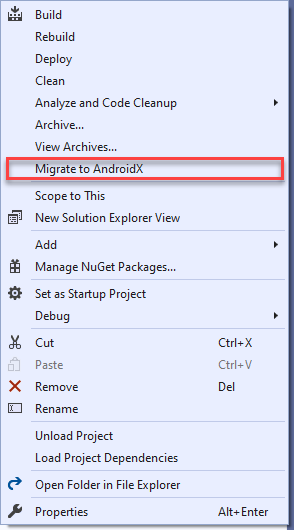 opção Migrate to AndroidX